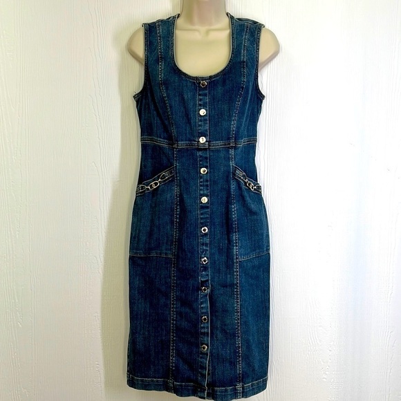 WHBM - Denim Silver Hardware Sleeveless Pocket Zip Up Midi Sheath Dress Size 4 - Picture 1 of 13